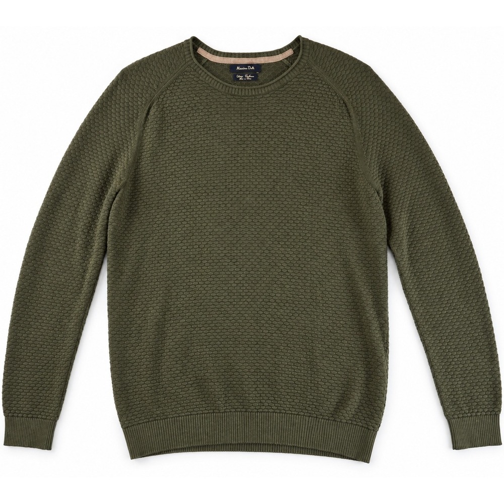 Massimo Dutti Cotton Cashmere Sweater Olive Green Textured Knit Crewneck Mens